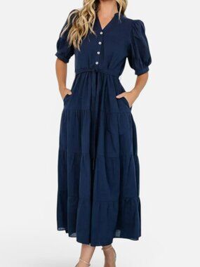 Baltic Born Camille Navy Blue Cotton Tiered Maxi Dress XL Puff Sleeve